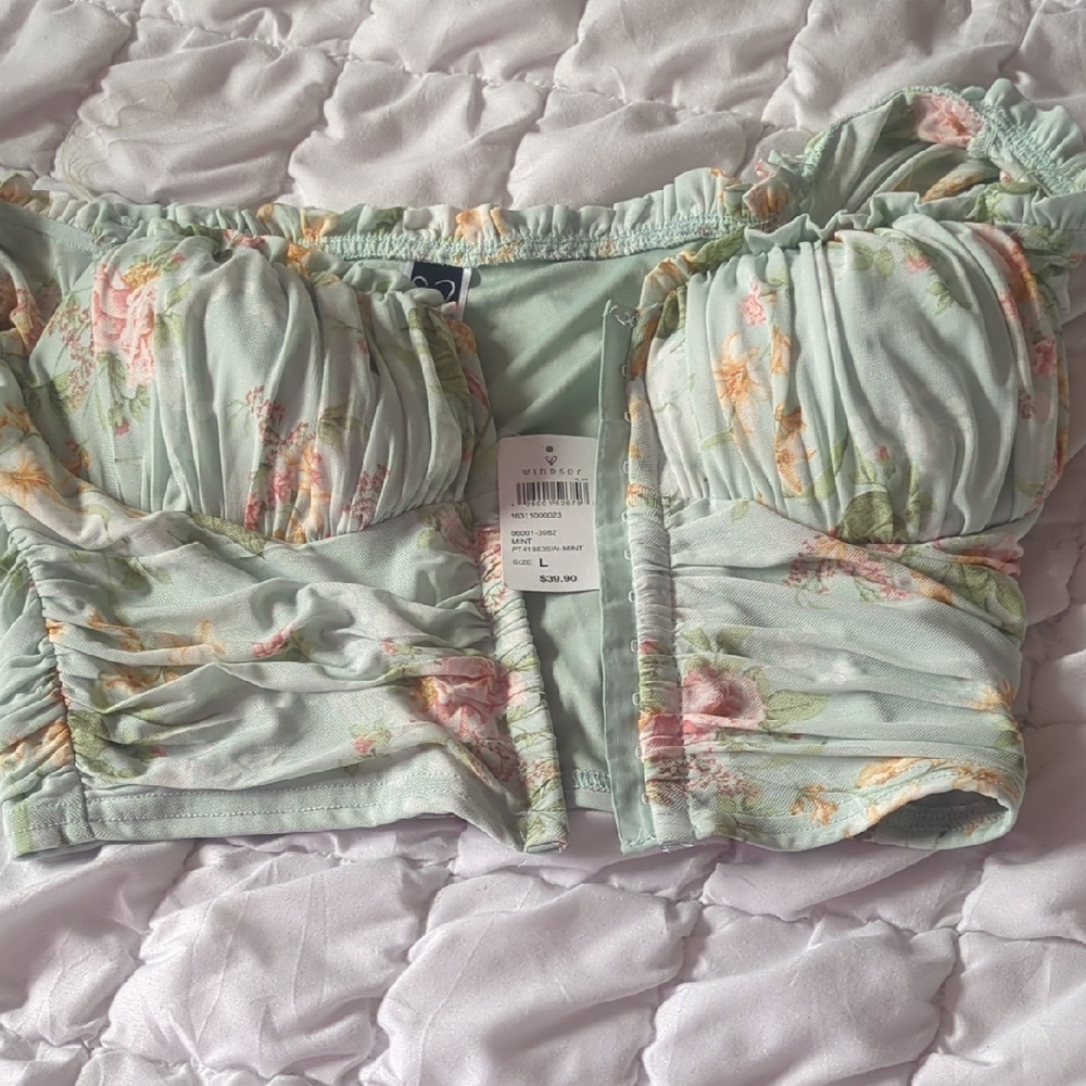 SHEIN Floral Ruched Off-Shoulder Blouse in Soft Green